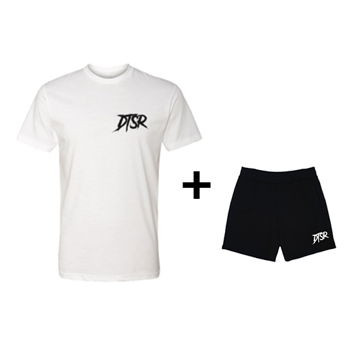 White DTSR Tee and Black DTSR Shorts
