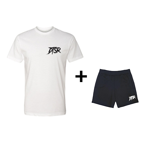 White DTSR Tee and Navy DTSR Shorts